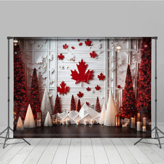 Aperturee Aperturee Canadian Christmas Photography Backdrop Red Maple Leaf on White Wood Wall Winter Wonderland Holiday Photo Prop
