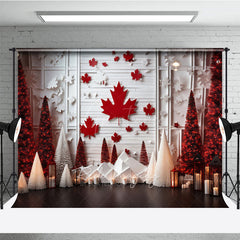 Aperturee Aperturee Canadian Christmas Photography Backdrop Red Maple Leaf on White Wood Wall Winter Wonderland Holiday Photo Prop