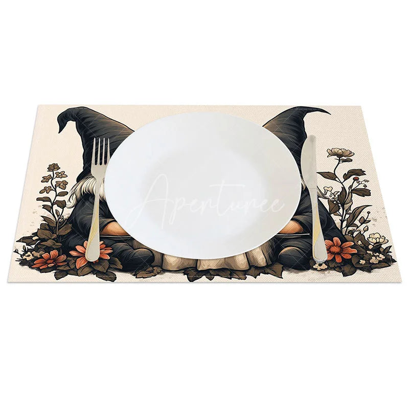 Aperturee - Aperturee Candlelight Dinner Gnome Set of 4 Placemats Romantic Valentine Table Mat Black Hat Couple Decoration
