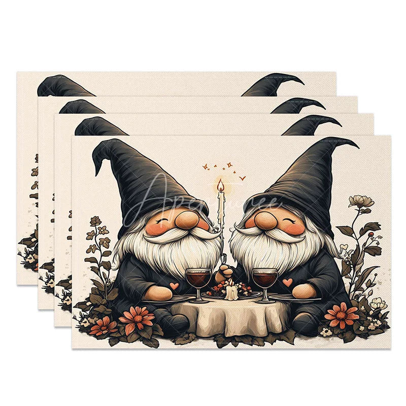 Aperturee - Aperturee Candlelight Dinner Gnome Set of 4 Placemats Romantic Valentine Table Mat Black Hat Couple Decoration