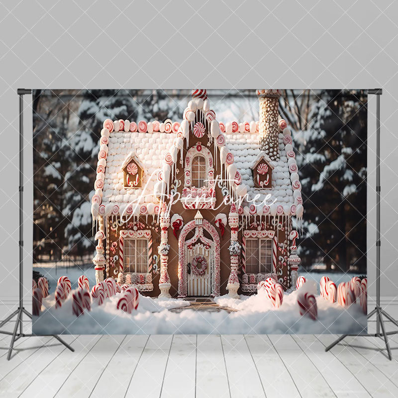 Aperturee - Aperturee Candy Cane Gingerbread House Snowy Christmas Backdrop