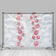 Aperturee - Aperturee Candy Cane Lane Backdrop Red White Peppermint Swirl Path Snowy Ground Top View Photo Background