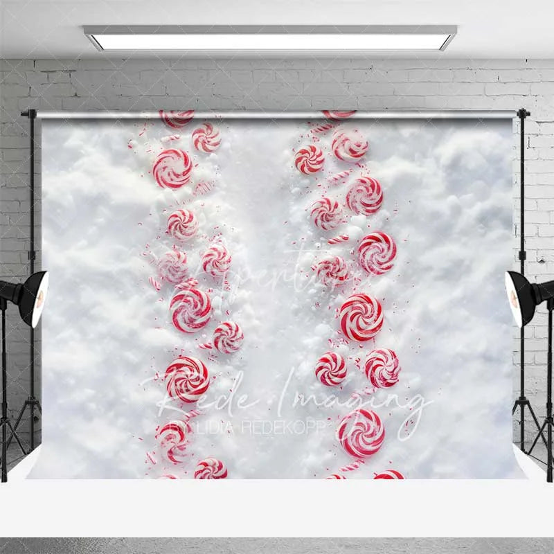 Aperturee - Aperturee Candy Cane Lane Backdrop Red White Peppermint Swirl Path Snowy Ground Top View Photo Background