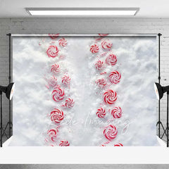 Aperturee - Aperturee Candy Cane Lane Backdrop Red White Peppermint Swirl Path Snowy Ground Top View Photo Background