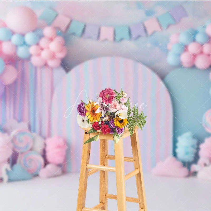Aperturee - Aperturee Candy Land Backdrop Sweet Pink and Blue Cotton Candy Lollipops Birthday Cake Smash Background