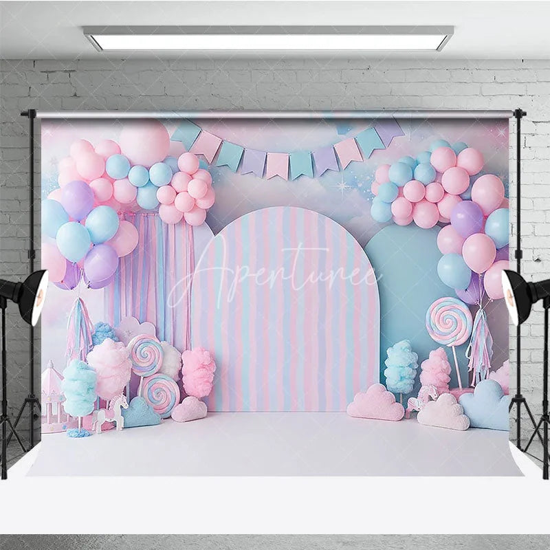 Aperturee - Aperturee Candy Land Backdrop Sweet Pink and Blue Cotton Candy Lollipops Birthday Cake Smash Background