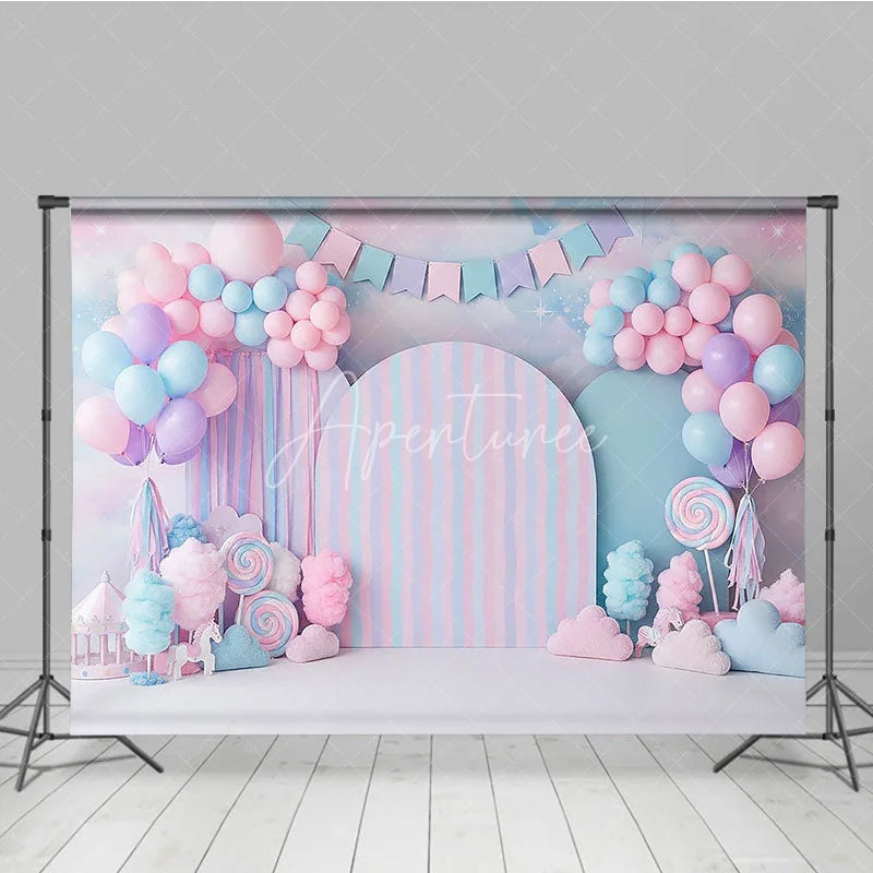 Aperturee - Aperturee Candy Land Backdrop Sweet Pink and Blue Cotton Candy Lollipops Birthday Cake Smash Background