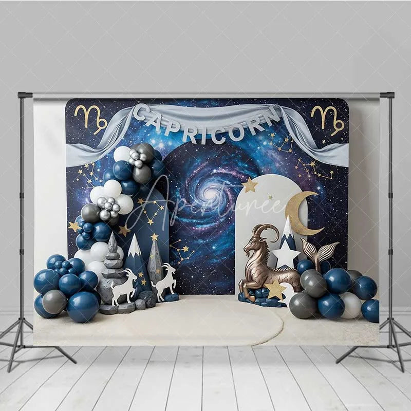 Aperturee - Aperturee Capricorn Zodiac Photography Backdrop Sea-Goat and Galaxy Mountains Birthday Background