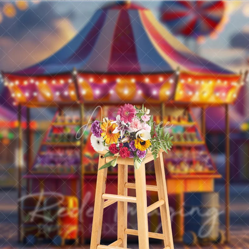 Aperturee - Aperturee Carnival Candy Stand Cake Smash Backdrop Colorful Lights Amusement Park Studio Background