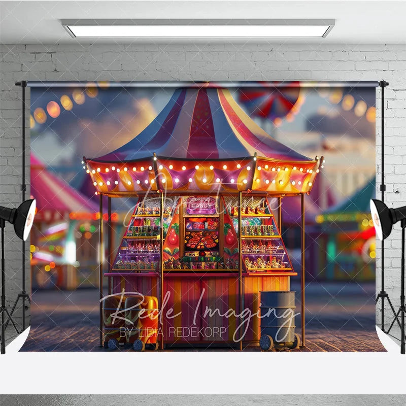 Aperturee - Aperturee Carnival Candy Stand Cake Smash Backdrop Colorful Lights Amusement Park Studio Background