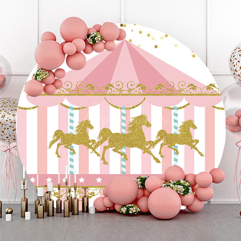 Aperturee Aperturee Carousel First Birthday Round Backdrop Pink and Gold Glitter Horse Banner Merry Go Round Carnival Party Photo Prop