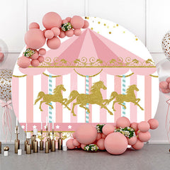 Aperturee Aperturee Carousel First Birthday Round Backdrop Pink and Gold Glitter Horse Banner Merry Go Round Carnival Party Photo Prop