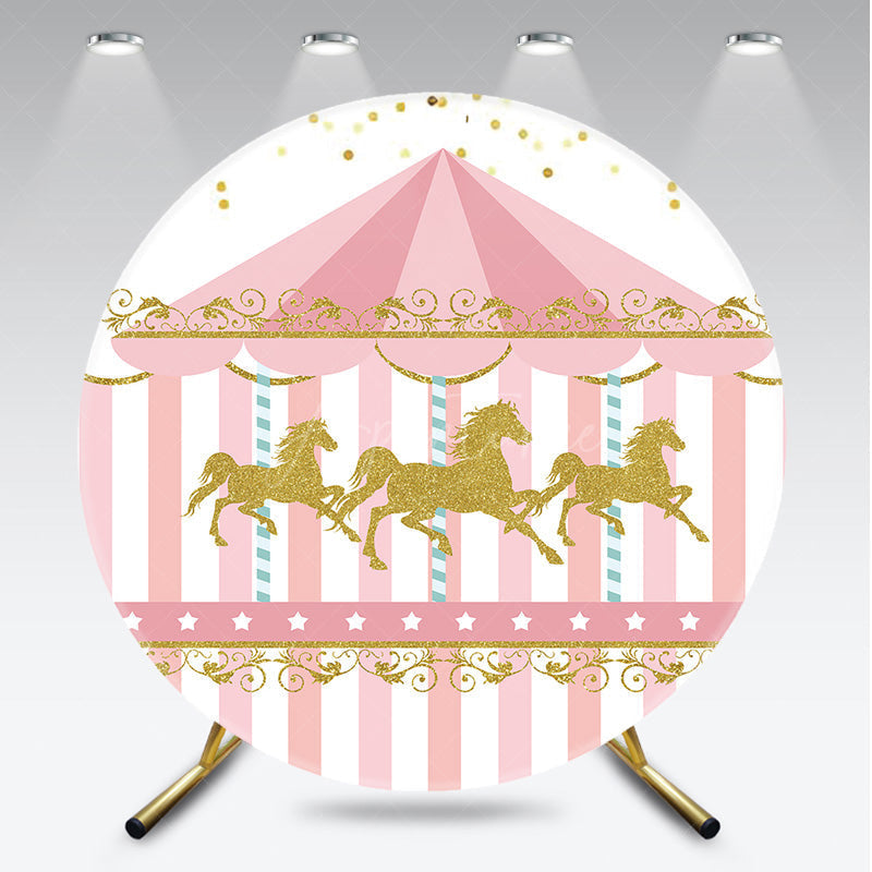 Aperturee Aperturee Carousel First Birthday Round Backdrop Pink and Gold Glitter Horse Banner Merry Go Round Carnival Party Photo Prop
