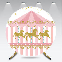 Aperturee Aperturee Carousel First Birthday Round Backdrop Pink and Gold Glitter Horse Banner Merry Go Round Carnival Party Photo Prop