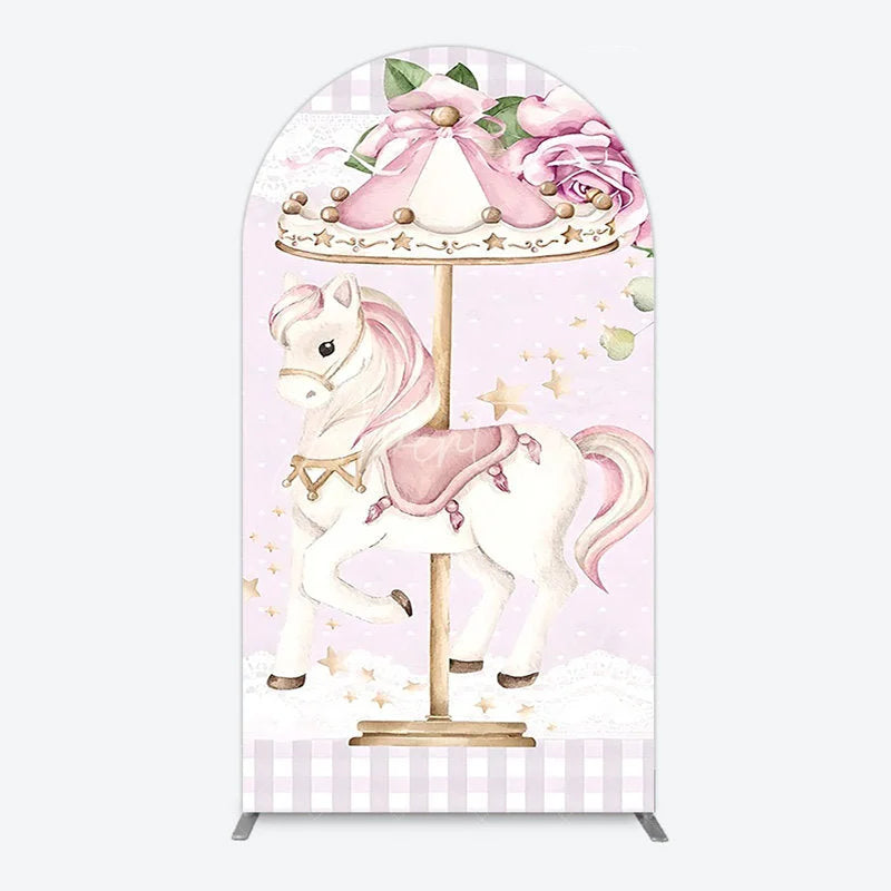 Aperturee - Aperturee Carousel Horse Arch Backdrop for Kid Baby Shower Merry Go Round Birthday Pink Gingham Party Decor