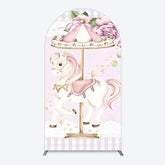 Aperturee - Aperturee Carousel Horse Arch Backdrop for Kid Baby Shower Merry Go Round Birthday Pink Gingham Party Decor
