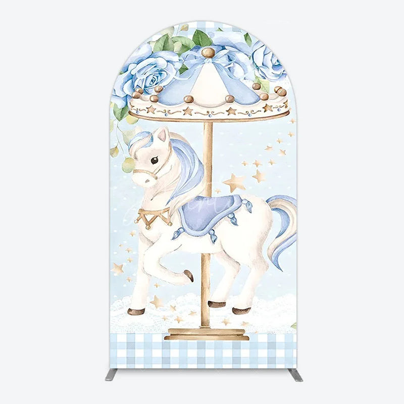 Aperturee - Aperturee Carousel Horse Arch Backdrop for Kid Baby Shower Merry Go Round Birthday Pink Gingham Party Decor