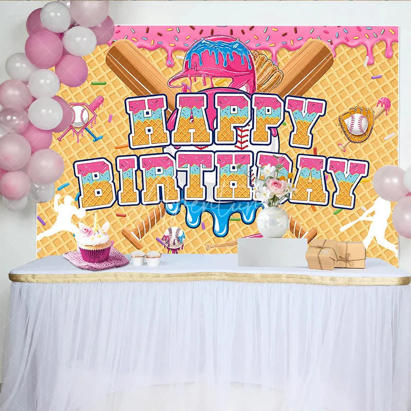 Aperturee - Aperturee Cartoon Baseball Theme Happy Birthday Backdrop with Pink and Blue Dessert Sprinkles Waffle Cone Party Decor