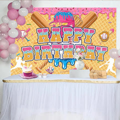 Aperturee - Aperturee Cartoon Baseball Theme Happy Birthday Backdrop with Pink and Blue Dessert Sprinkles Waffle Cone Party Decor