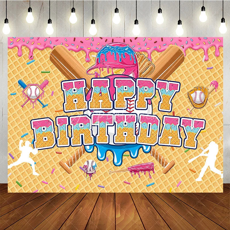 Aperturee - Aperturee Cartoon Baseball Theme Happy Birthday Backdrop with Pink and Blue Dessert Sprinkles Waffle Cone Party Decor