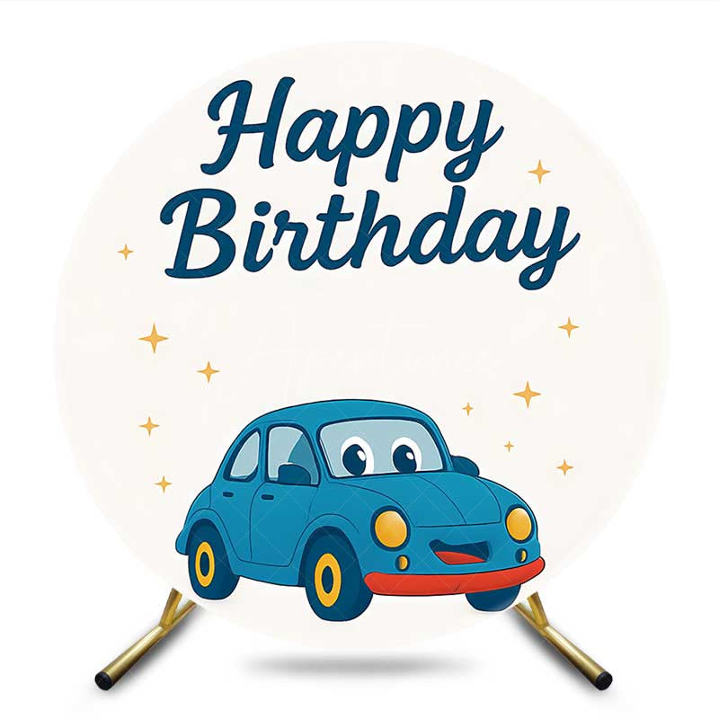 Aperturee Aperturee Cartoon Blue Car Sparkle Round Birthday Backdrop