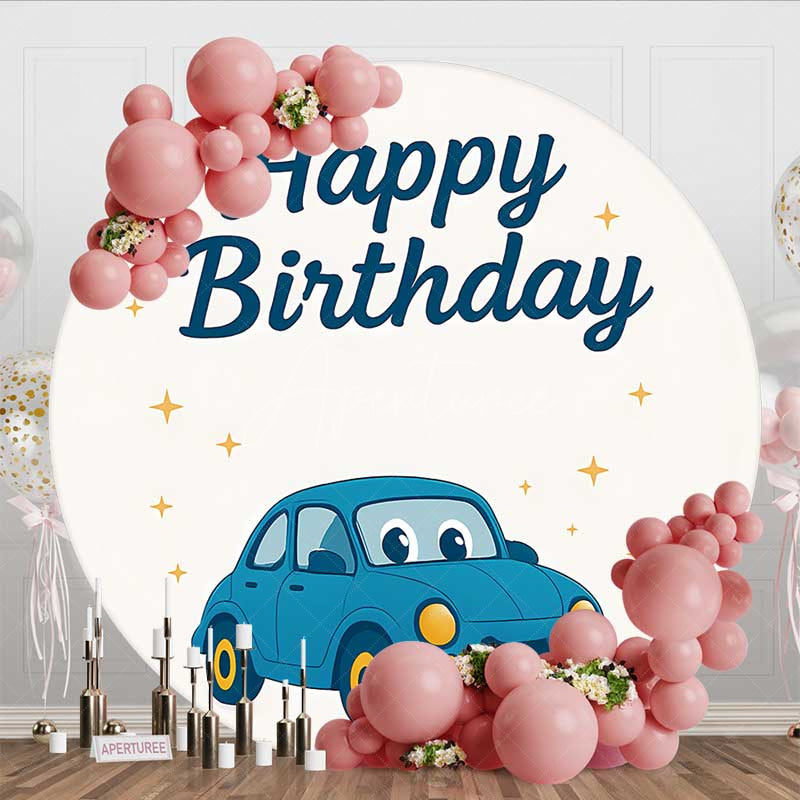 Aperturee Aperturee Cartoon Blue Car Sparkle Round Birthday Backdrop