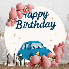 Aperturee Aperturee Cartoon Blue Car Sparkle Round Birthday Backdrop