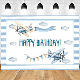 Aperturee - Aperturee Cartoon Blue Sky Airplane Happy Birthday Backdrop White Clouds Party Decor Kids Photo Prop