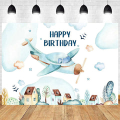 Aperturee - Aperturee Cartoon Blue Sky Airplane Happy Birthday Backdrop White Clouds Party Decor Kids Photo Prop