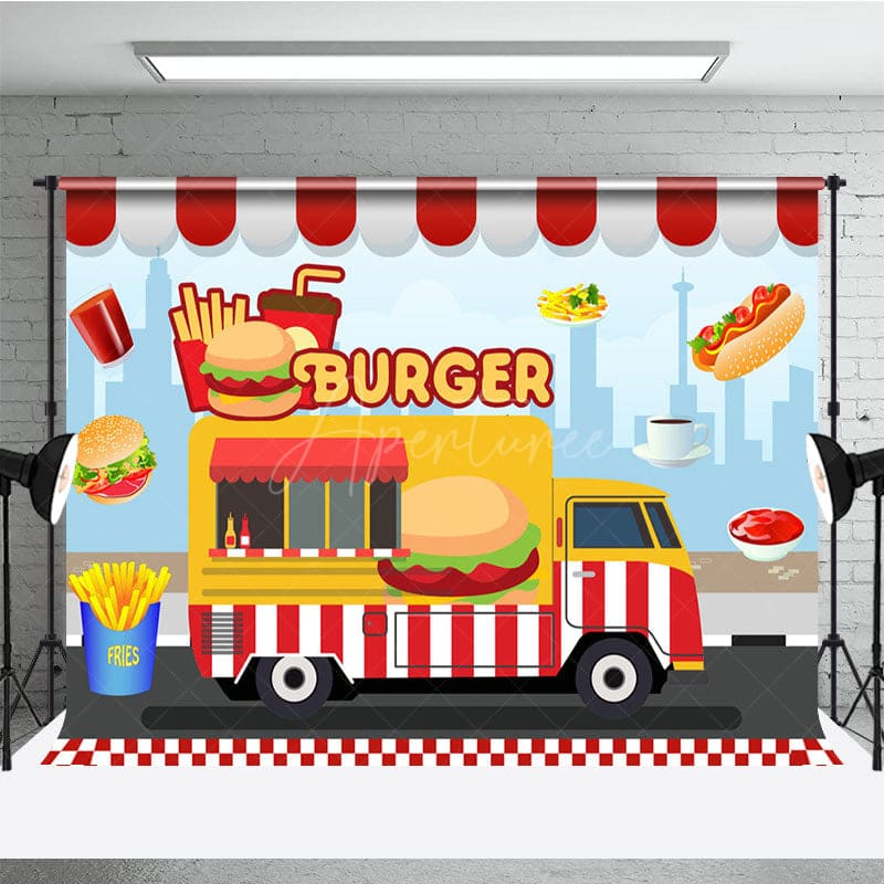 Aperturee - Aperturee Cartoon Burger Fries Cola Food Truck Party Backdrop