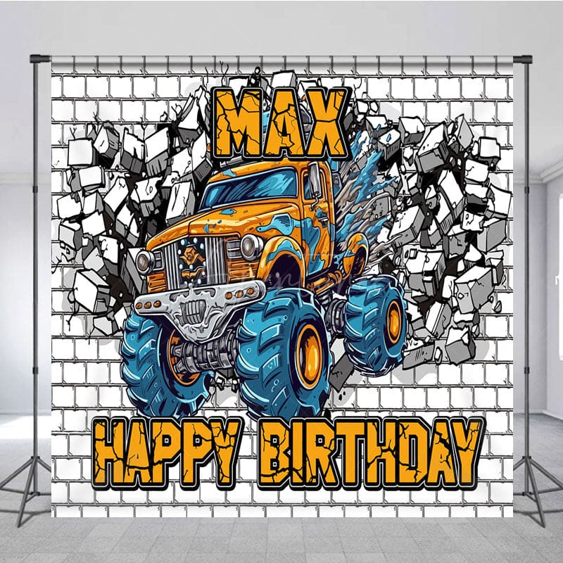 Aperturee - Aperturee Cartoon Car White Brick Custom Birthday Backdrop