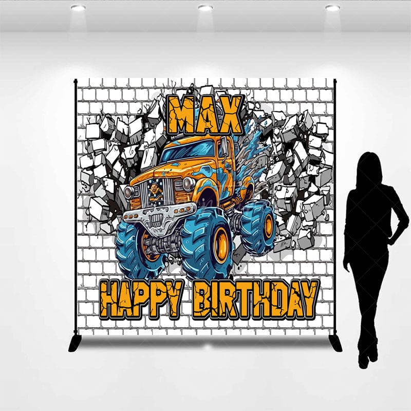 Aperturee - Aperturee Cartoon Car White Brick Custom Birthday Backdrop