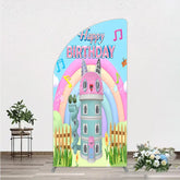 Aperturee - Aperturee Cartoon Cat Castle Half Moon Arch Backdrop Rainbow Music Notes Birthday Party Decor Blue Sky Theme Background