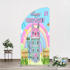 Aperturee - Aperturee Cartoon Cat Castle Half Moon Arch Backdrop Rainbow Music Notes Birthday Party Decor Blue Sky Theme Background