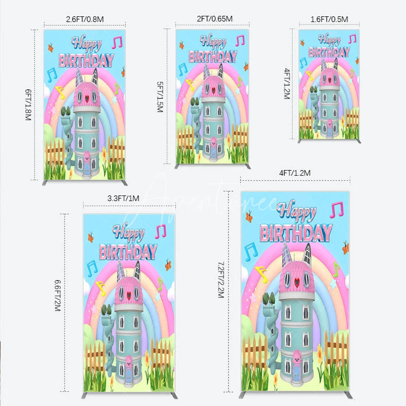 Aperturee - Aperturee Cartoon Cat Castle Rectangle Backdrop Rainbow Music Notes Birthday Party Decor Blue Sky Theme Background for Girls