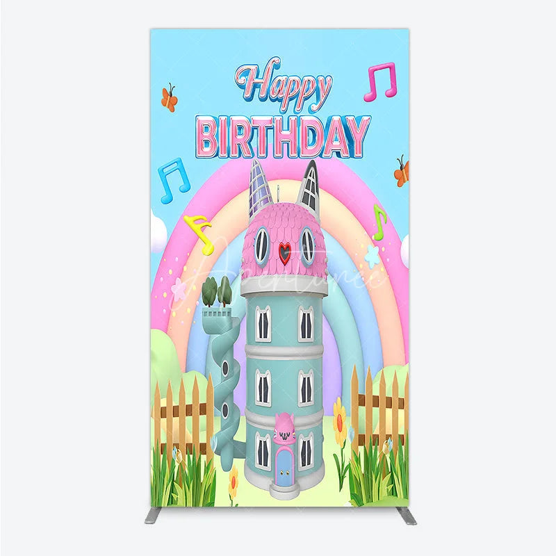 Aperturee - Aperturee Cartoon Cat Castle Rectangle Backdrop Rainbow Music Notes Birthday Party Decor Blue Sky Theme Background for Girls