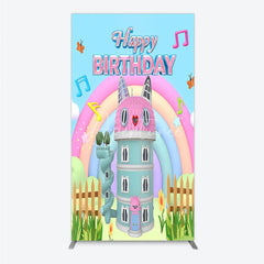 Aperturee - Aperturee Cartoon Cat Castle Rectangle Backdrop Rainbow Music Notes Birthday Party Decor Blue Sky Theme Background for Girls