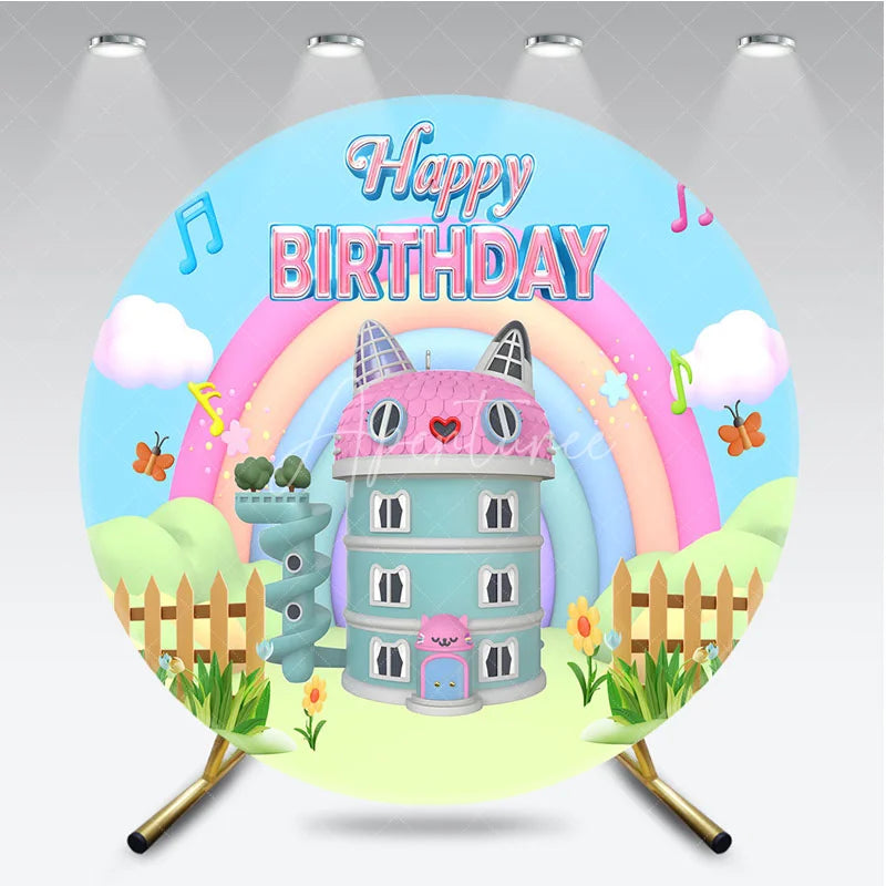 Aperturee - Aperturee Cartoon Cat House Round Backdrop Rainbow Music Note Birthday Decoration Magic Dollhouse Background