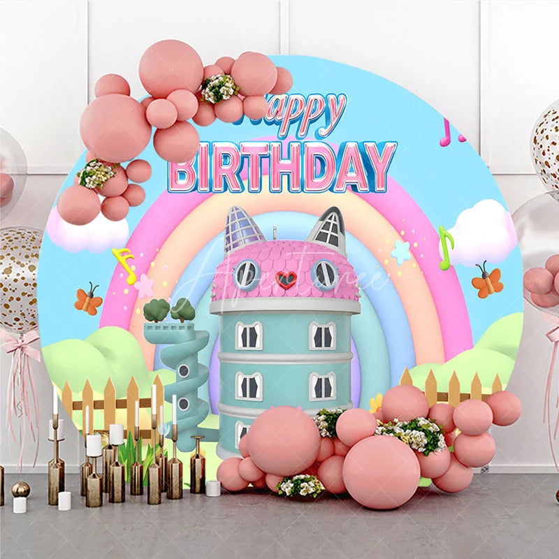 Aperturee - Aperturee Cartoon Cat House Round Backdrop Rainbow Music Note Birthday Decoration Magic Dollhouse Background