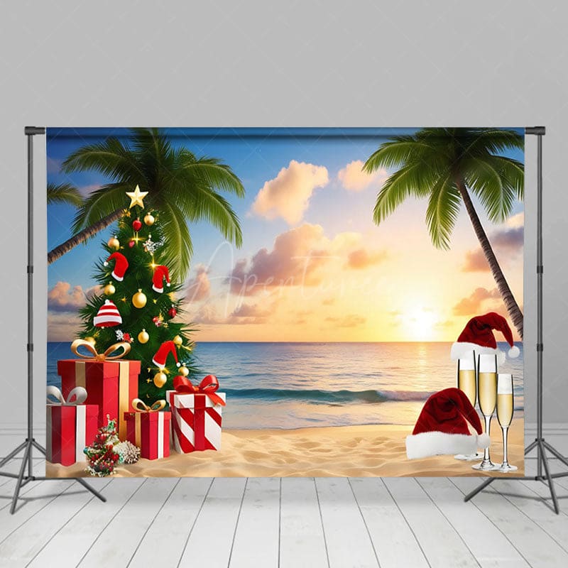 Aperturee - Aperturee Cartoon Coconut Trees Christmas In July Backdrop