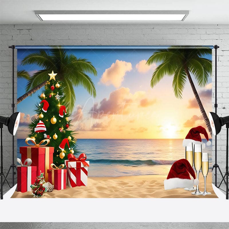Aperturee - Aperturee Cartoon Coconut Trees Christmas In July Backdrop