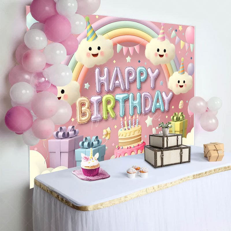 Aperturee - Aperturee Cartoon Cute Clouds Rainbow Cake Birthday Backdrop