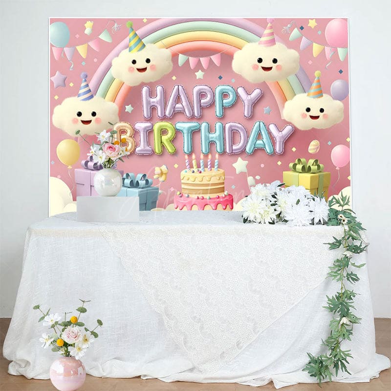 Aperturee - Aperturee Cartoon Cute Clouds Rainbow Cake Birthday Backdrop