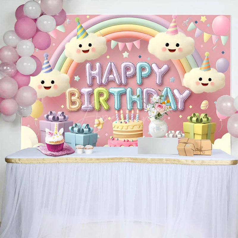Aperturee - Aperturee Cartoon Cute Clouds Rainbow Cake Birthday Backdrop