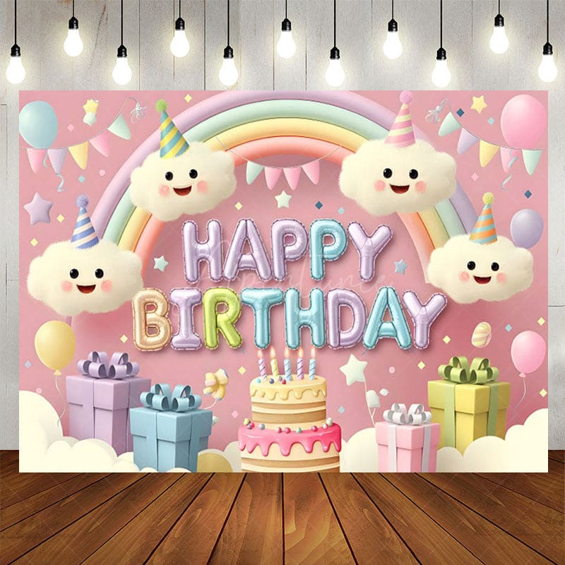 Aperturee - Aperturee Cartoon Cute Clouds Rainbow Cake Birthday Backdrop