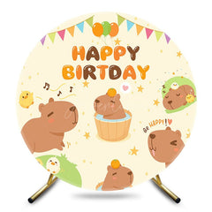 Aperturee - Aperturee Cartoon Cute Kapibala Round Happy Birthday Backdrop