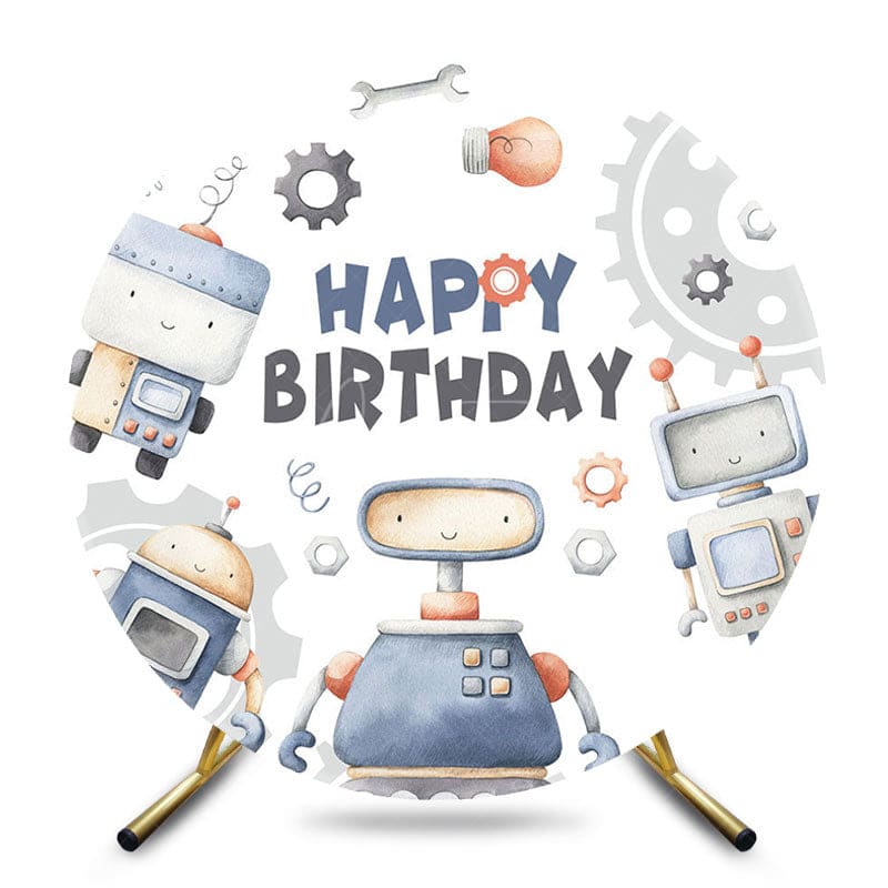 Aperturee - Aperturee Cartoon Gear Robot Round Happy Birthday Backdrop