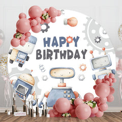 Aperturee - Aperturee Cartoon Gear Robot Round Happy Birthday Backdrop