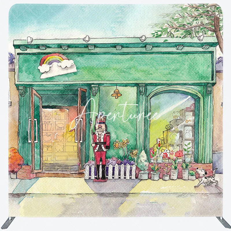 Aperturee - Aperturee Cartoon Green Store Christmas Pillow Case Backdrop