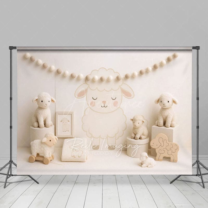 Aperturee - Aperturee Cartoon Lambs White Photography Cake Smash Backdrop
